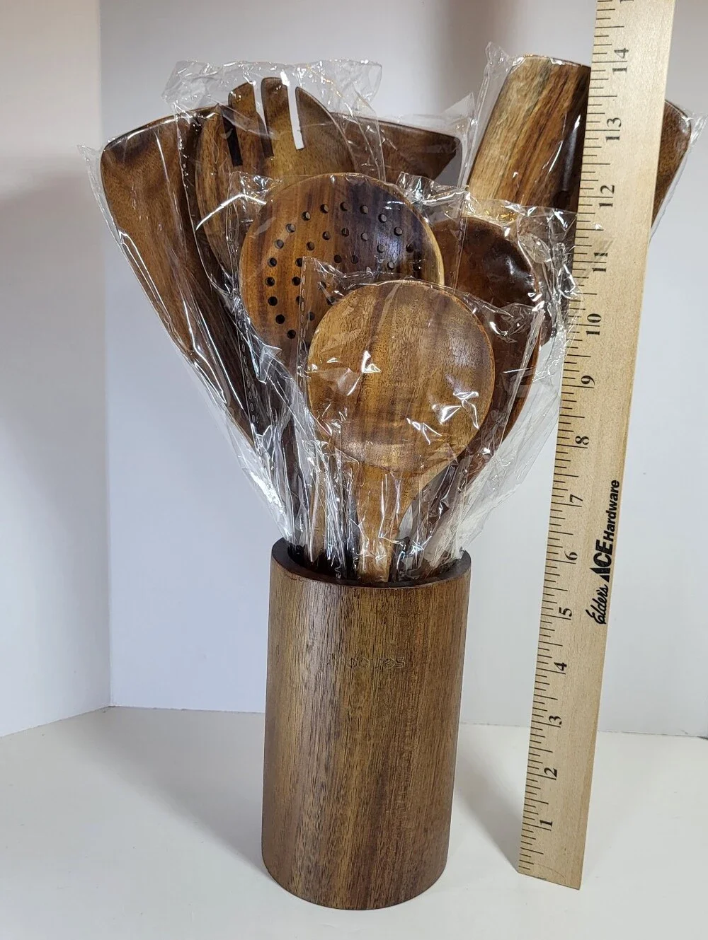 9 Piece Teak WOODEN SPOONS Set Kitchen Utensil w/ Spoon Rest & Holder NIB NEW
